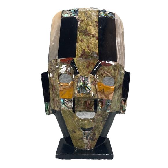 VTG Mexican Handmade Mayan Aztec Stone Burial Death Mask Abalone Onyx 9.5 In. - Picture 1 of 8